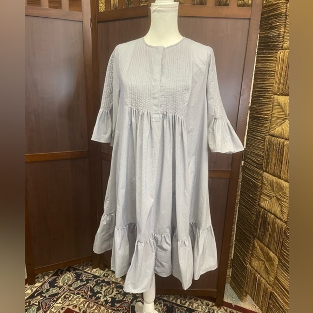 Floryday Striped Blue &‎ White Popover Button Front Ruffle Pleat Dress S. NWT